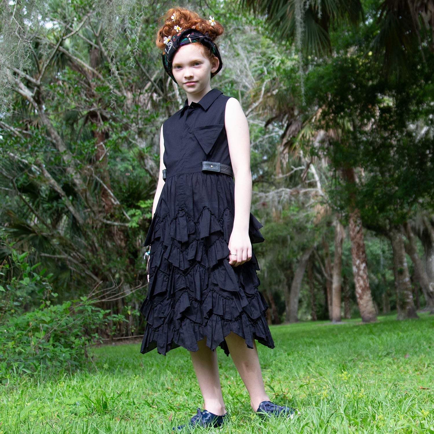 Girls Black Shirt Dress with Ruffles